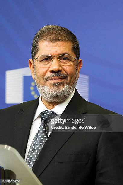 Egyptian President Mohamed Morsi speaks to the press prior to a meeting at the EU headquarters in Brussels on Thursday, Sept. 13, 2012.