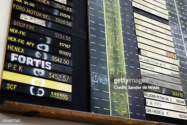 Brussels 30 july 2012 The old sign with the former stockholders, prices of shares, in the stockexchange of Brussels.Ford Motor Bel, Gouffre, Her-fic,...