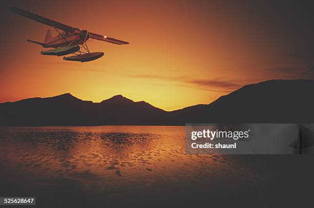 bush plane in sunset - alaska mountains stockfoto's en -beelden