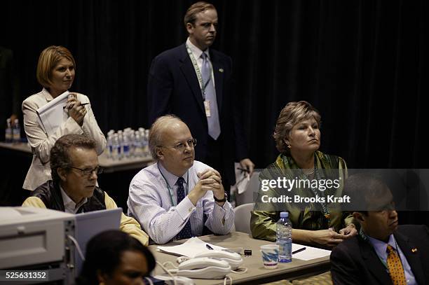 White House senior staff members and George W. Bush re-election campaign leadership watch the first debate backstage at the University of Miami in...