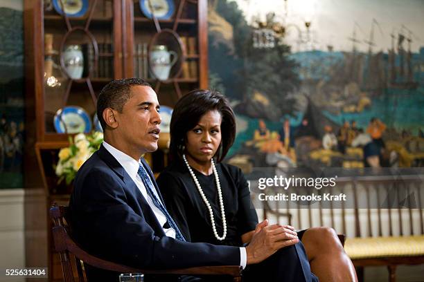 President Barack Obama and First Lady Michelle Obama during an interview with Time Managing Editor Rick Stengel at the White House in Washington.