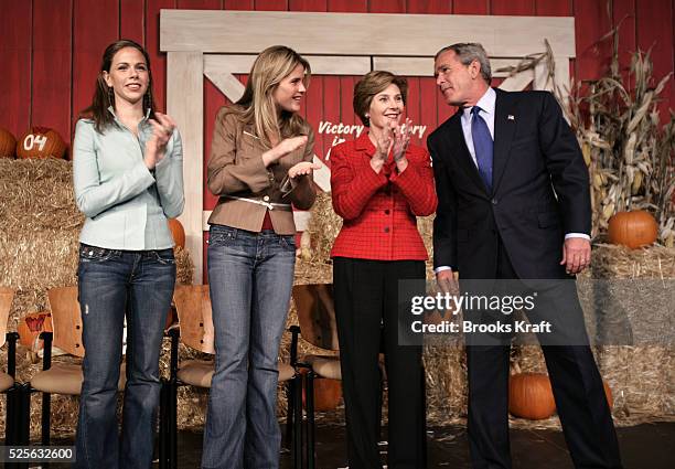 Barbara , and Jenna Bush attend a campaign rally for their father President George W. Bush with first lady Laura Bush in Sioux City, Iowa, on the...