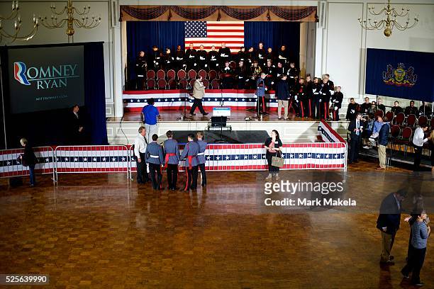 Cadets and supporters begin to arrive in advance of a Republican Presidential candidate Mitt Romney victory rally at Valley Forge Military Academy in...