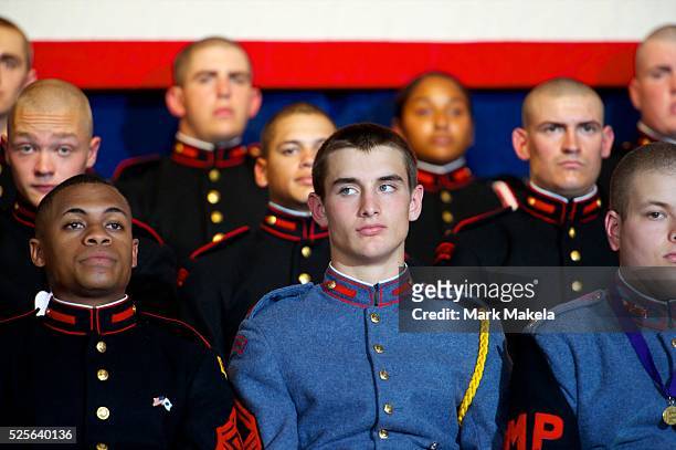 Cadets listen to a speech by Republican Presidential candidate Mitt Romney during a victory rally at Valley Forge Military Academy in Wayne,...