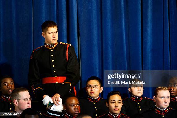 Cadets await a speech by Republican Presidential candidate Mitt Romney before a victory rally at Valley Forge Military Academy in Wayne, Pennsylvania...