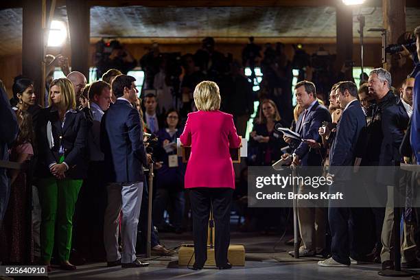 Democratic presidential candidate Hillary Clinton speaks to the media during a press availability in Concord, New Hampshire.