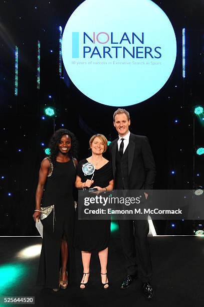 Eniola Aluko and Dan Walker present the Leadership in Sport Award award in association with Nolan Partners to Kelly Simmons at the BT Sport Industry...