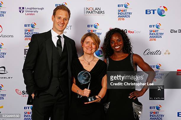 Eniola Aluko and Dan Walker present the Leadership in Sport Award award in association with Nolan Partners to Kelly Simmons at the BT Sport Industry...