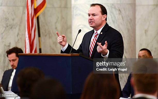 Senator Mike Lee speaks during #JusticReformNow Capitol Hill Advocacy Day at Russell Senate Office Building on April 28, 2016 in Washington, DC.