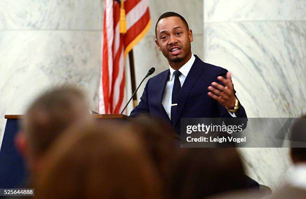 Terrence J speaks during #JusticReformNow Capitol Hill Advocacy Day at Russell Senate Office Building on April 28, 2016 in Washington, DC.