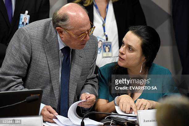 Brazilian jurists Janaina Paschoal and Miguel Reale Junior, authors of the complaint against President Dilma Rousseff, talk during the Senate's...