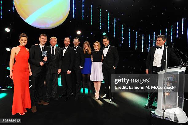 Boris Becker and Charlie Webster present the Best Sponsorship of a team or individual to O2 England Rugby Wear the Rose at the BT Sport Industry...