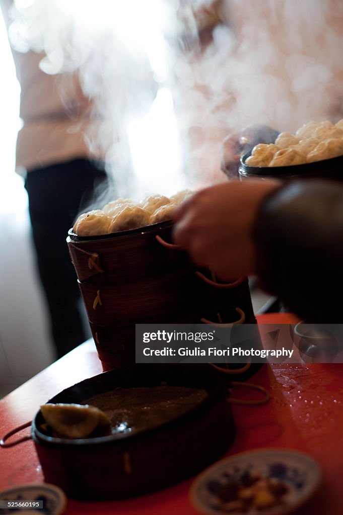 Steamers of dumplings in a restaurant in Beijing
