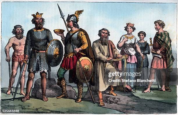 Saxon warrior and the Anglo Saxons - engraving from "Usi e Costumi di Tutti i Popoli dell'Universo. Ovvero Storia del governo, delle leggi, della...