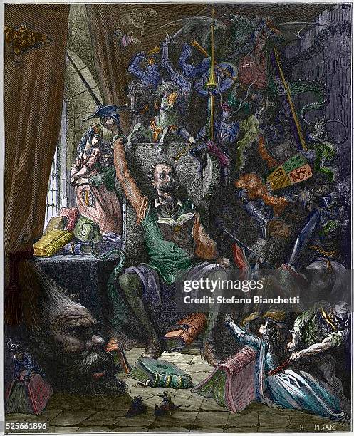 Don Quixote in his study surrounded by the phantoms of his daydreams - Don Quixote de la Mancha by Miguel Cervantes - engraved by Heliodore Joseph...