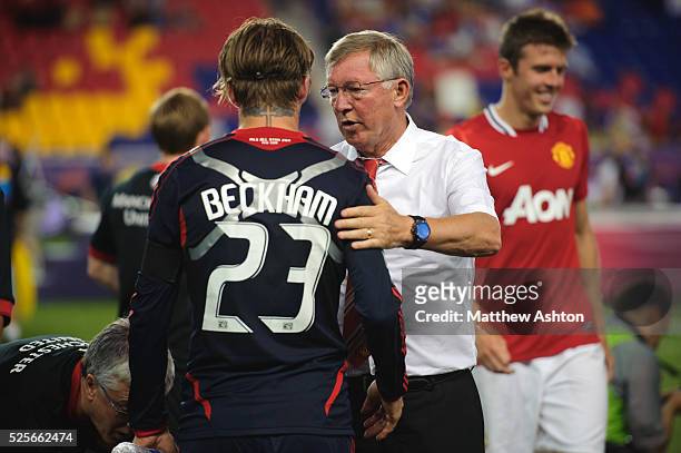 David Beckham of the MLS Allstars with Sir Alex Fersuson the head coach / manager of Manchester United | Location: Harrison, United States of America.