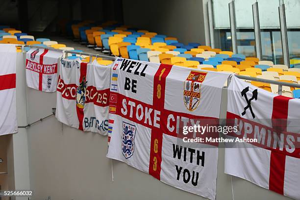 England flags in the National Sports Complex Olimpiyskiy, also referred to as Kiev Olympic Stadium - the Ukrainian national stadium