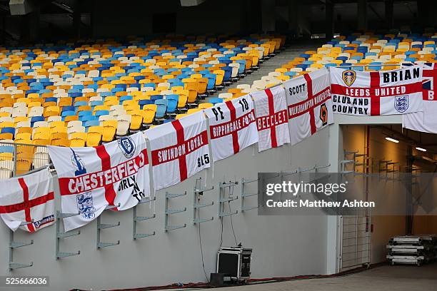 England flags in the National Sports Complex Olimpiyskiy, also referred to as Kiev Olympic Stadium - the Ukrainian national stadium