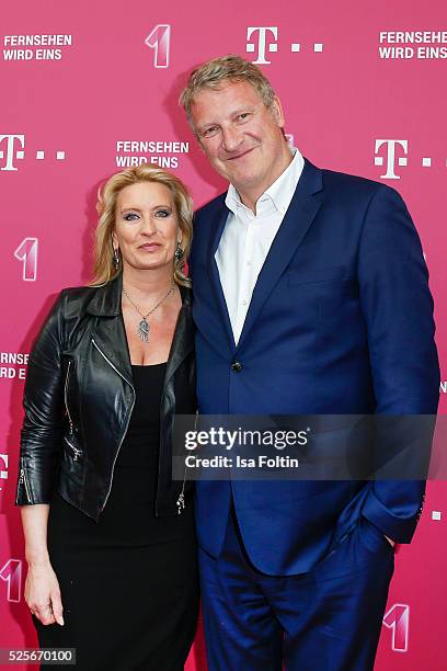 Claudia Kleinert and Michael Souvignier attend the Telekom Entertain TV Night at Hotel Zoo on April 28, 2016 in Berlin, Germany.