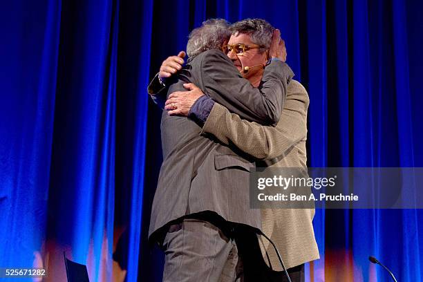 Sir Ian McKellan embraces Richard Loncraine during a Q+A session after a screening of Richard III as part of BFI Presents: Shakespeare on Film at BFI...