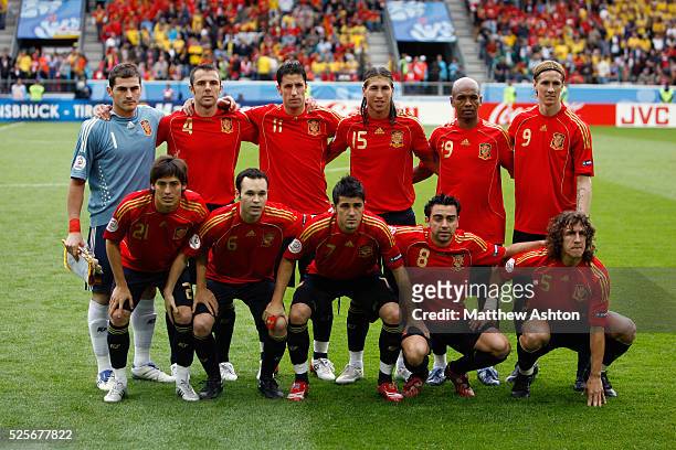 Spain team group during the EURO 2008 preliminary round group D soccer. David Silva, Andres Iniesta, David Villa, Xavi Hernandez, Carles Puyol;...