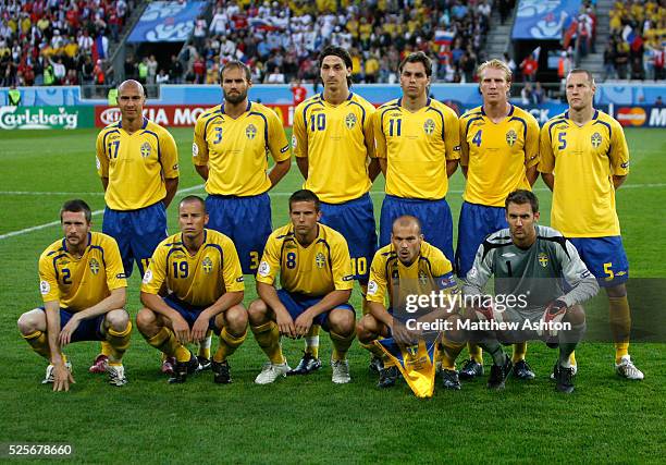 Swedish national soccer team players Mikael Nilsson, Daniel Andersson, Anders Svensson, team captain Fredrik Ljungberg, goalkeeper Andreas Isaksson;...
