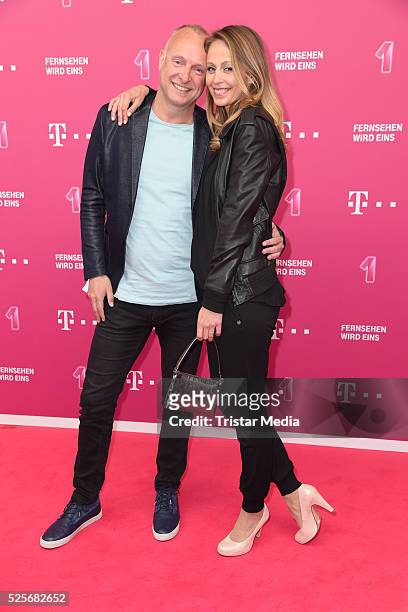 Frank Buschmann and his girlfriend Lisa Heckl attend the Telekom Entertain TV Night at Hotel Zoo on April 28, 2016 in Berlin, Germany.