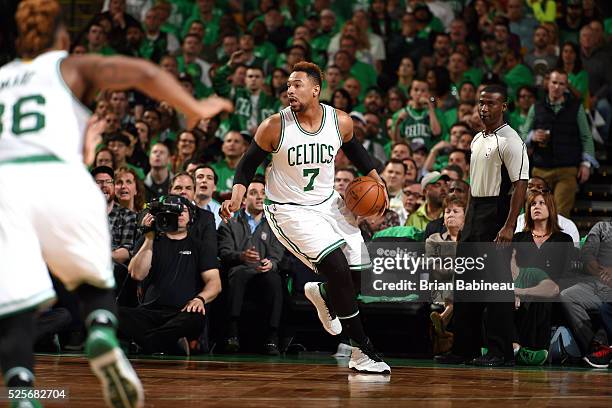 Jared Sullinger of the Boston Celtics handles the ball during the game against the Atlanta Hawks in Game Six of the Eastern Conference Quarterfinals...