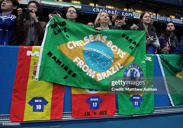 Chelsea fans hold up a banner saying Chelsea's Boys from Brazil - David Luiz, Oscar and Ramires of Chelsea