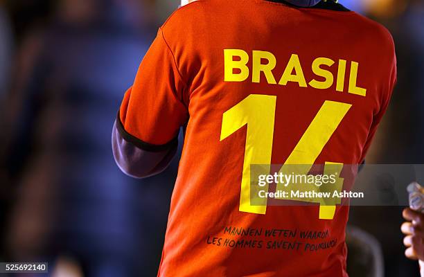 Fan of Belgium wears BRAZIL 14 on the back of his shirt after qualifying for the FIFA 2014 World Cup
