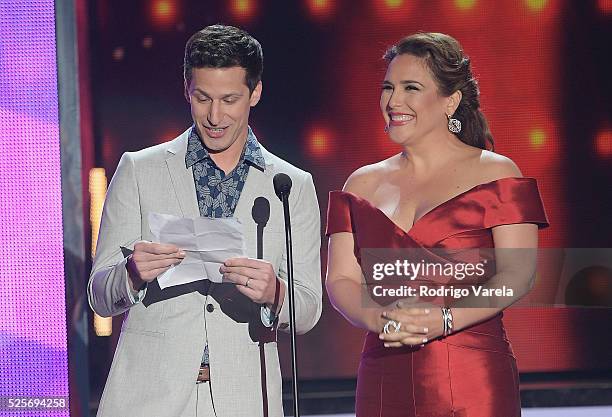 Andy Samberg and Angelica Vale onstage at the Billboard Latin Music Awards at Bank United Center on April 28, 2016 in Miami, Florida.