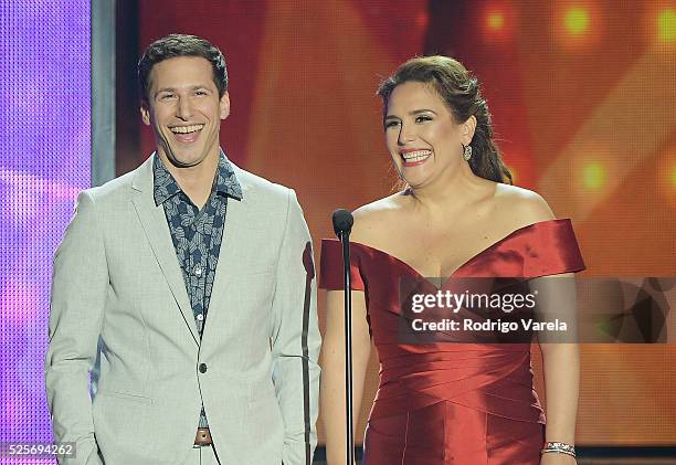 Andy Samberg and Angelica Vale onstage at the Billboard Latin Music Awards at Bank United Center on April 28, 2016 in Miami, Florida.