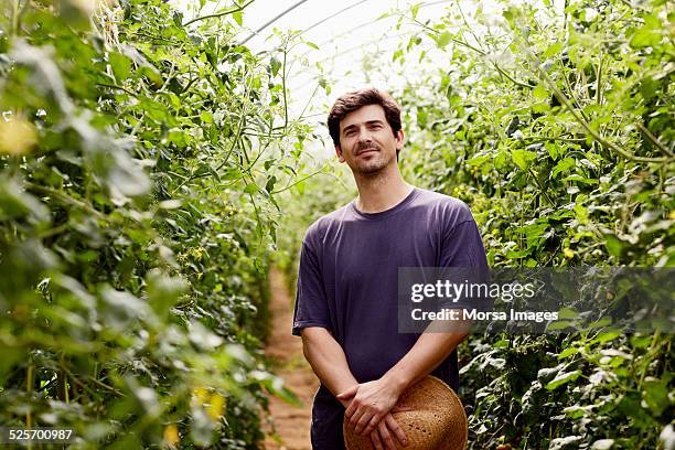 confident worker standing in greenhouse - man nature fotografías e imágenes de stock