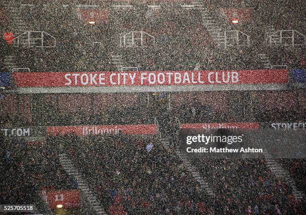 Snow falls at The Britannia Stadium home of Stoke City