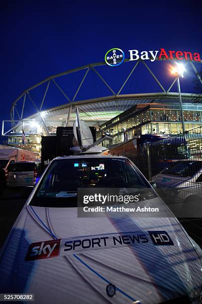Television satellite trucks outside the The BayArena Leverkusen, home stadium of Bayer 04 Leverkusen