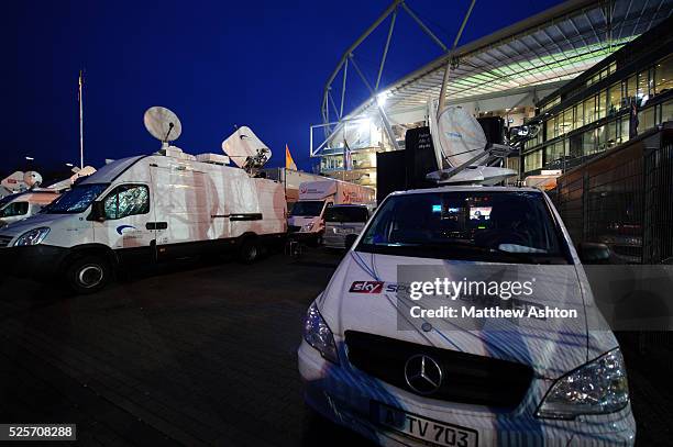 Television satellite trucks outside the The BayArena Leverkusen, home stadium of Bayer 04 Leverkusen