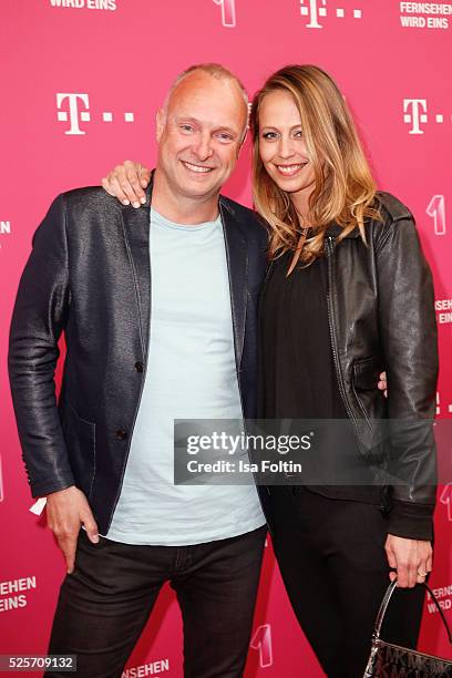 Moderator Frank Buschmann and his girlfiend Lisa Heckl attend the Telekom Entertain TV Night at Hotel Zoo on April 28, 2016 in Berlin, Germany.