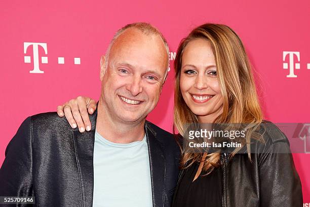 Moderator Frank Buschmann and his girlfiend Lisa Heckl attend the Telekom Entertain TV Night at Hotel Zoo on April 28, 2016 in Berlin, Germany.