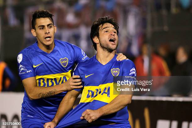 Nicolas Lodeiro of Boca Juniors celebrates after scoring the second goal of his team during a first leg match between Cerro Porteno and Boca Juniors...
