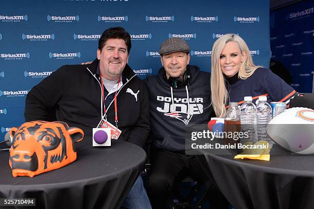 Jim Miller, Donnie Wahlberg and Jenny McCarthy attend Jenny McCarthy's SiriusXM show from Grant Park in Chicago, IL before the NFL Draft on April 28,...