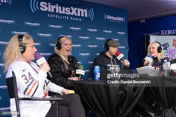 Melissa Harrison, Colleen Stoetzel, Donnie Wahlberg and Jenny McCarthy attend Jenny McCarthy's SiriusXM show from Grant Park in Chicago, IL before...
