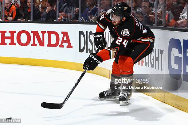 Simon Despres of the Anaheim Ducks passes the puck in Game Two of the Western Conference Quarterfinals against the Nashville Predators during the...