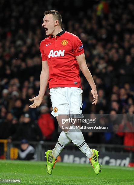 Phil Jones of Manchester United celebrates scoring the opening goal