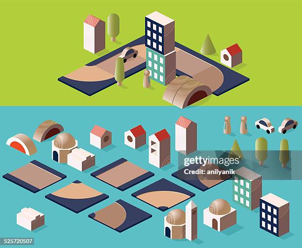 isometric wooden map - assembly kit stock illustrations