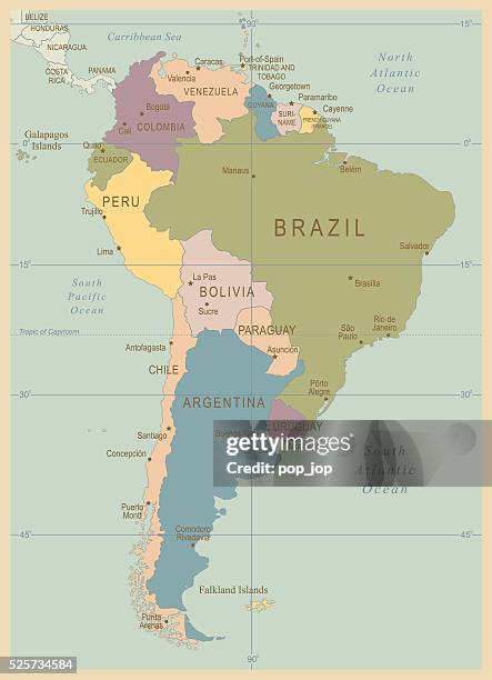 stockillustraties, clipart, cartoons en iconen met vintage map of south america - peru vs colombia