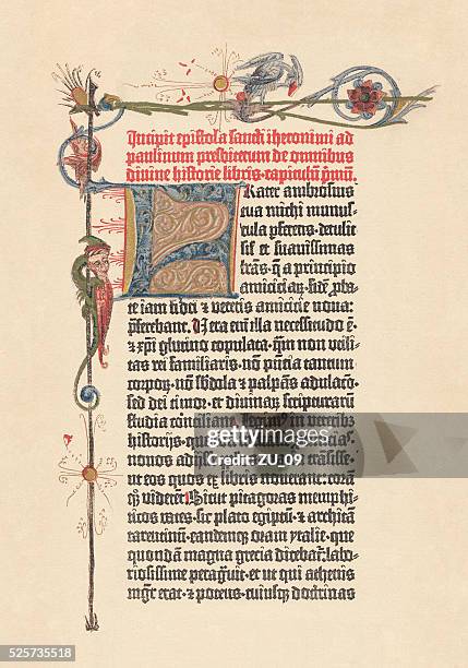 gutenberg bible, 42-line bible (1452/54), lithograph, published in 1882 - illuminated manuscript stock illustrations