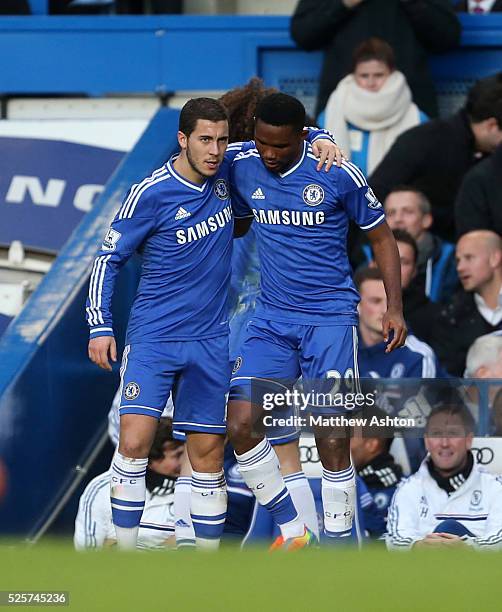 Samuel Eto'o of Chelsea celebrates after scoring to make it 1-0 with Eden Hazard of Chelsea