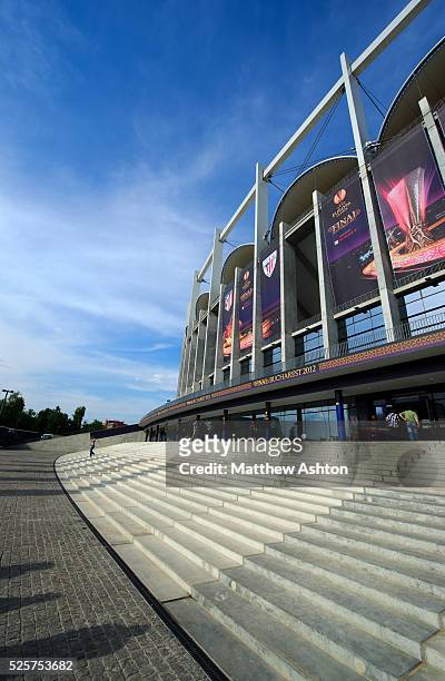 Signage covers the National Arena / Arena Nationala Stadium ahead of the UEFA Europa League Final 2012 - Atletico Madrid v Athletic Bilbao in...