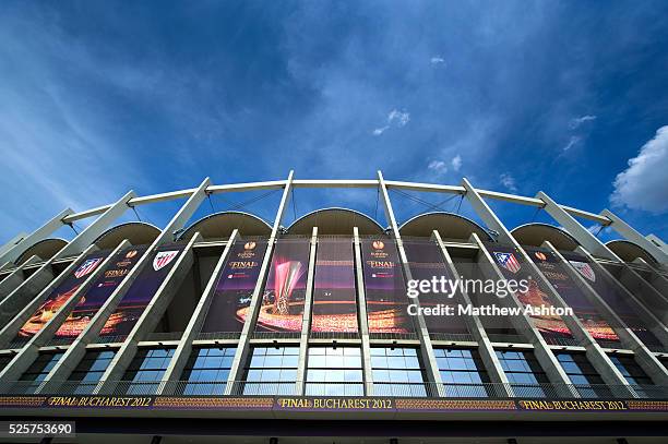 Signage covers the National Arena / Arena Nationala Stadium ahead of the UEFA Europa League Final 2012 - Atletico Madrid v Athletic Bilbao in...