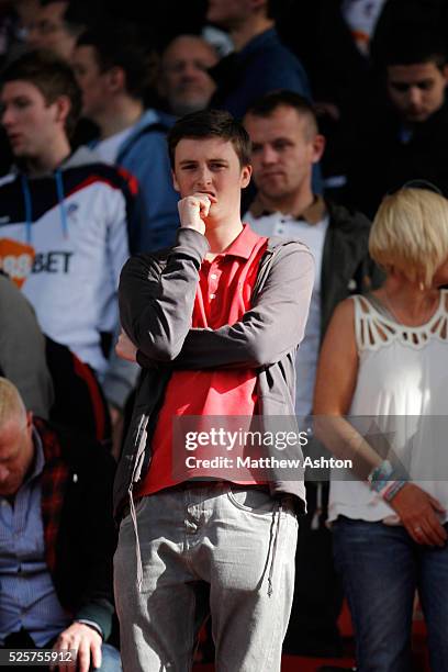 Dejected Bolton Wanderers fans after the final whistle and relegation from the Premiership